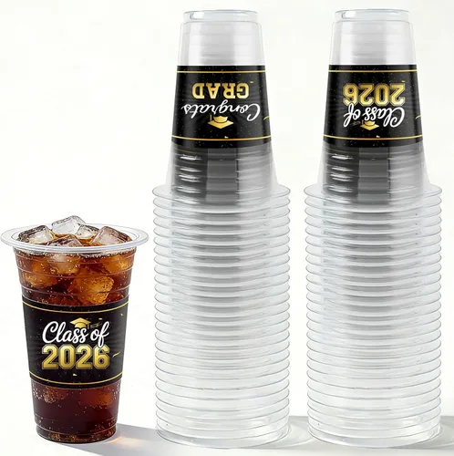 HongyiTime Paquete de 50 vasos de graduación de 16 onzas, juego de vajilla desechable para graduados de clase 2026, suministros y recuerdos para