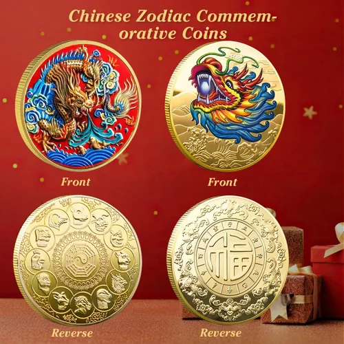 Miniatura 6 de 5 piezas de monedas de la suerte chinas de dragón chino del zodiaco monedas antiguas criaturas míticas de la suerte para oficina, colección