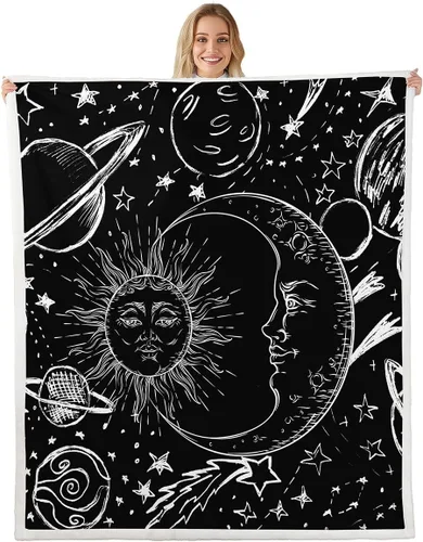 Feelyou Manta de forro polar de sol y luna, estilo bohemio Sherpa para niños, niñas, felpa cósmica celestial mullida para sofá, cama, sofá, 40 x 50