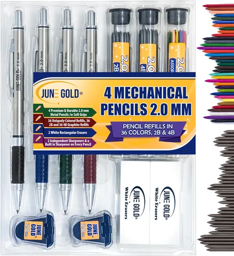 June Gold 4 portaminas Pro de 0.098 pulgadas, 36 repuestos de colores, 36 2B y 36 4B, 2 sacapuntas, 2 borradores resistentes a las manchas,