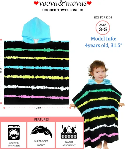 Miniatura 2 de VOOVA & MOVAS Toallas de baño con capucha para niños pequeños (2-6 años), toalla de poncho con capucha de algodón suave y absorbente para niños