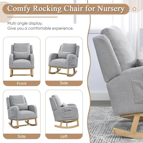 Miniatura 6 de Silla Mecedora Deslizante para Guardería, Silla Mecedora de Acento con Respaldo de Ala Tapizada de Respaldo Alto con Reposabrazos y Bolsillos