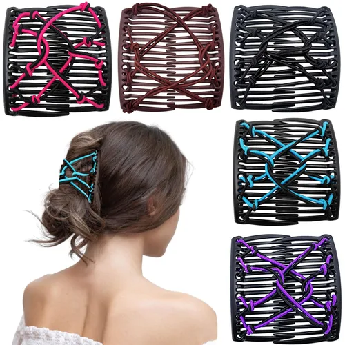 Miniatura 8 de 5 Piezas de peine mágico elástico para el cabello, peine doble elástico, pinzas para el cabello con cuentas elásticas para mujeres y niñas