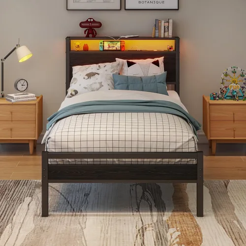 Miniatura 10 de BOFENG Base de cama Queen con cabecera de almacenamiento, marco de cama de plataforma de metal tamaño Queen con luces LED, estación de carga,