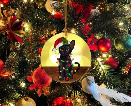 Miniatura 4 de Bonito adorno de cerámica de gato negro, divertidas decoraciones de Navidad para árbol, adorno colgante de Navidad para amantes de los gatos