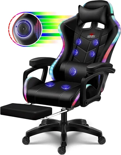 Silla ergonómica para juegos profesional con luces LED y altavoces, silla de videojuegos con masaje y reposapiés, silla de computadora de respaldo