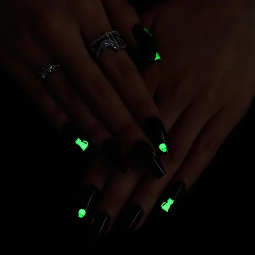 Miniatura 7 de Luminous GLAMERMAID Winter Press on Nails Conffin, Handmade Gel Fake Nails Long, Gothic Emo Nails with Skull Ghost Design, Cartoon False Nails for