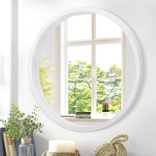 JJUUYOU Espejo circular redondo blanco pequeño para tocador de baño, círculo de pared para marco de madera, espejos de maquillaje para entrada, sala