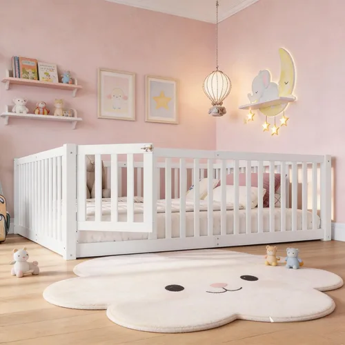 Miniatura 15 de Bellemave Cama de suelo Queen para niños, marco de cama Montessori con barandillas y puerta en forma de valla, cama Queen de madera para niños, Gris