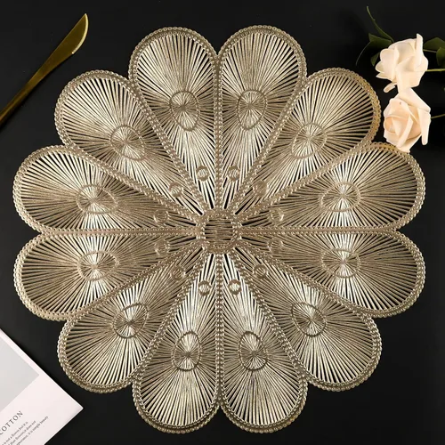 Miniatura 10 de Juego de 4 manteles individuales redondos dorados para mesa de comedor, manteles individuales metálicos de vinilo prensado para decoración de bodas