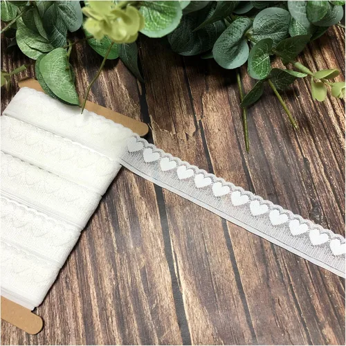 Miniatura 7 de Ribete de encaje elástico de 1 pulgada, cinta de encaje con patrón de corazón de 10 yardas de largo, ribete de encaje blanco para proyectos