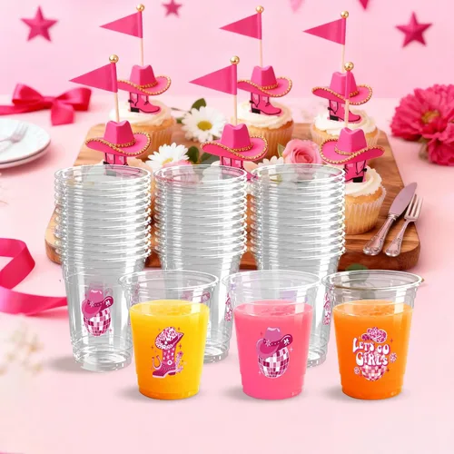 Miniatura 5 de 100 Piezas Vasos de Plástico Rosa Fiesta Vaquera Occidental 12 OZ Vasos Desechables Disco, Diseños de Sombrero Vaquero, Bota y Bola Disco