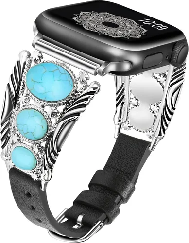 Minyee - Correa de cuero compatible con Apple Watch para mujeres 42/46/38/40/41/44/45/49mm, correa ajustable estilo Boho occidental turquesa vintage