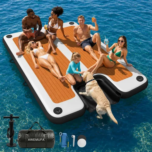 Miniatura 7 de AWEMUFA Muelle flotante inflable con rampa de 5 pies/6 pies/8 pies/10 pies, plataforma flotante flotante, tapete flotante de isla flotante, flotador