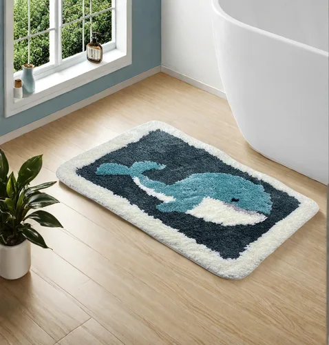 Miniatura 3 de Alfombra de baño de microfibra con diseño de ballena, alfombra de baño para niños, decoración náutica con peces y océano, antideslizante, suave