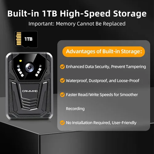 Miniatura 6 de CAMMHD Cámara corporal F6 1TB 4K, trabajo de 12 a 14 horas y visión nocturna ultra, cámaras corporales impermeables con grabación de audio y video