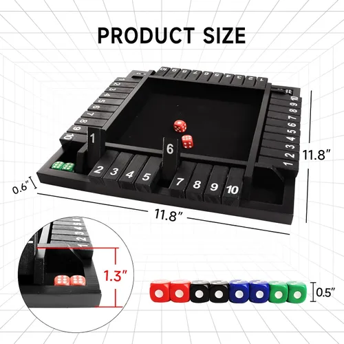 Miniatura 3 de GSE Games & Sports Expert Juego de mesa de dados de madera para 1-4 jugadores con 8 dados. Juego de mesa de 4 vías 10 numerados Shut The Box