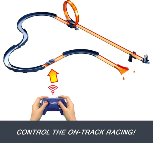 Miniatura 3 de Conjunto de coche de juguete Hot Wheels RC con vehículo de control remoto a escala 1:64 y más de 30 piezas de pista de carreras para crear múltiples