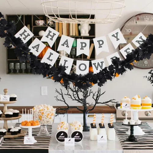 Miniatura 2 de RECUTMS Decoración de Otoño Guirnalda Negra, Guirnalda de Decoraciones Negras para Halloween, Hojas de Arce Colgantes para Pared en Otoño, 2