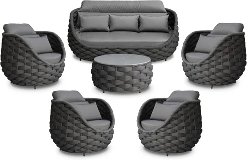 Miniatura 13 de Juego de muebles de patio de cuerda de 4 piezas: conjunto de sofás al aire libre de aluminio acolchado - sofá de conversación moderno ensamblado
