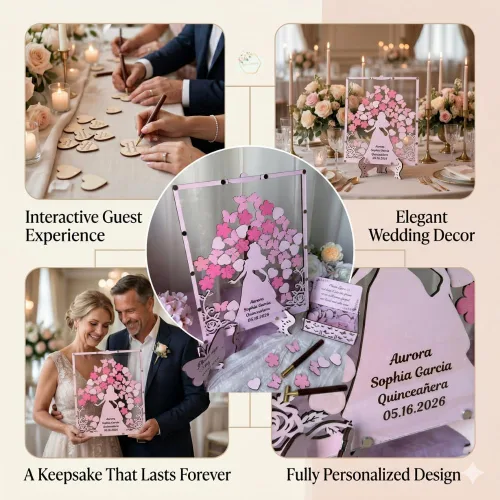 Miniatura 6 de Quinceanera Guest Book Alternative, Personalized Wooden Acrylic Princess Dress Frame with Butterfly Drop Chips, Custom Name Date Sign in Keepsake Set
