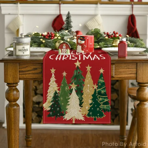 Miniatura 7 de Artoid Mode Camino de Mesa de Feliz Navidad con Árboles de Navidad y Copos de Nieve Rojos 210 GSM, Decoración de Mesa de Comedor de Cocina