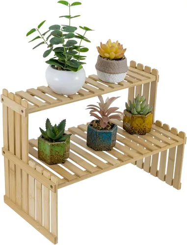 Miniatura 8 de MyGift Estante de 2 niveles de madera rústica gris oscuro para plantas de escritorio, soporte de maceta estilo granja, organizador de exhibición