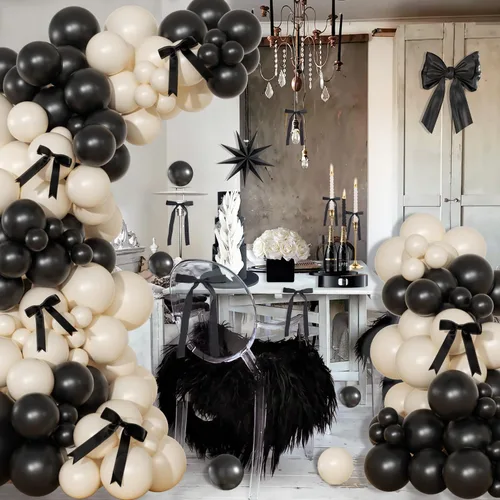 Miniatura 5 de Kit de arco de globos negro y arena blanca 141 piezas, decoraciones de cumpleaños coquetas incluyen globos y lazo negro para boda, baby shower
