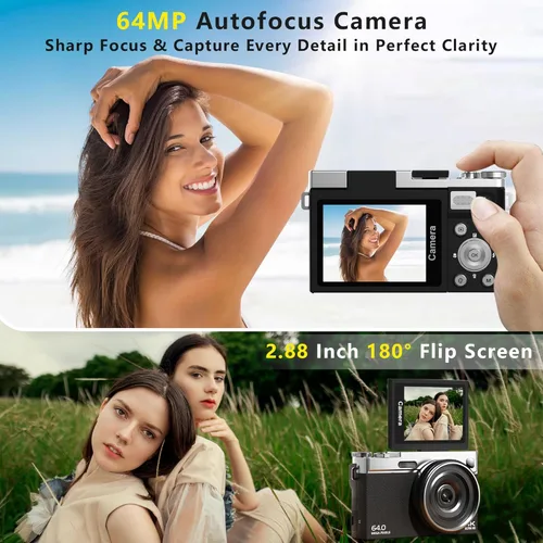 Miniatura 4 de Cámara digital 4K para fotografía con tarjeta de 64 GB, cámara de enfoque automático de 64 MP para YouTube, pantalla abatible de 180° de 2.88 Negro