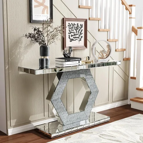 Mesa consola con espejo de 55 pulgadas, mesa larga para sofá de sala de estar, oficina, detalles de cristal de diseño hexagonal, moderno escritorio
