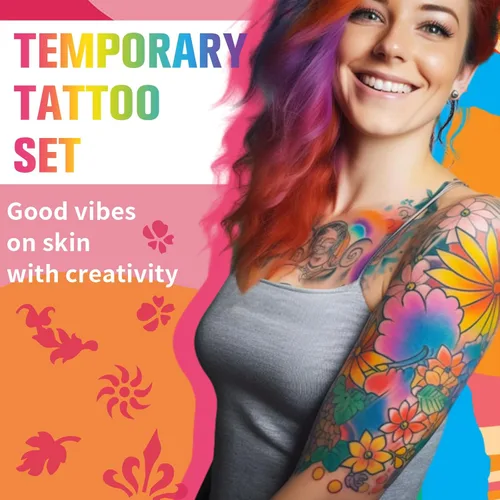Miniatura 5 de Marcadores temporales de tatuaje para piel, 15 bolígrafos de tatuaje de doble punta + 50 plantillas de pintura + 43 calcomanías de tatuajes, juego