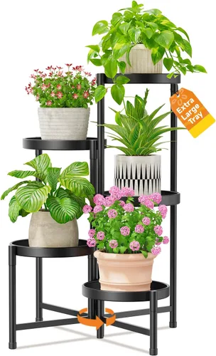 Miniatura 20 de LASZOLA Soporte plegable para plantas de interior de 7 niveles para múltiples macetas grandes, estante ajustable alto y resistente con bandeja de 10