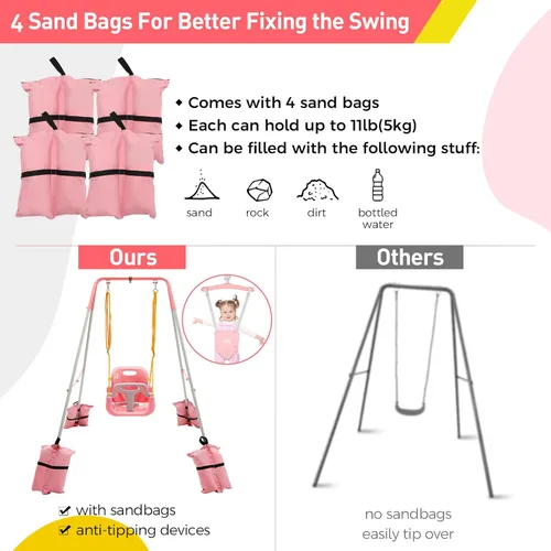 Miniatura 3 de FUNLIO Juego de columpios 2 en 1 para niños pequeños y saltador para bebés, columpio resistente para niños y saltador con 4 sacos de arena, soporte