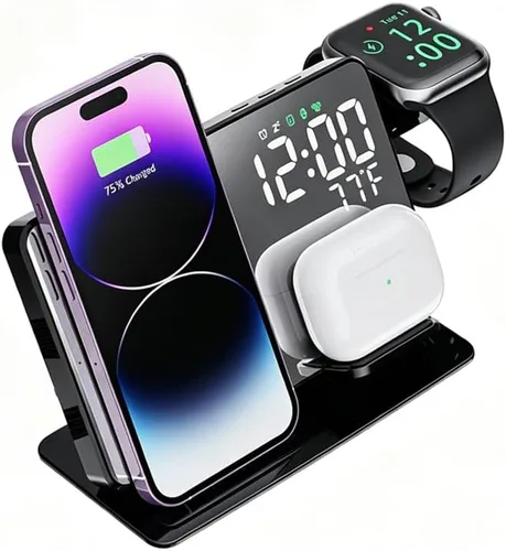 Miniatura 23 de IHAO Estación de carga inalámbrica plegable multifuncional 3 en 1 con luz nocturna LED ambiental, cargador rápido QC3.0 para teléfono, iWatch
