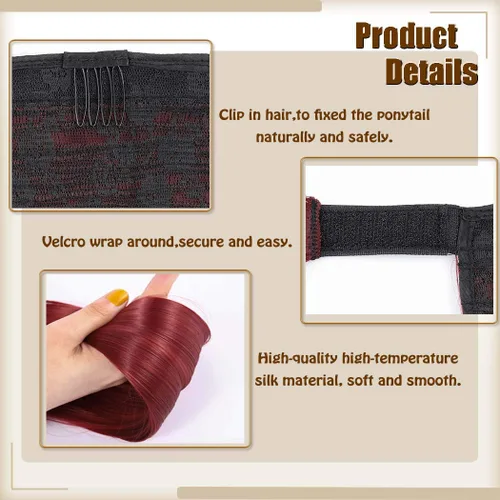 Miniatura 3 de Gangel Extensión de pelo de cola de caballo roja, colas de caballo rectas, extensiones de cabello sintético con clip, extensiones de cabello largo