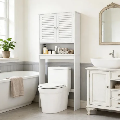 Giantex Armario de almacenamiento sobre el inodoro, organizador de baño de 3 niveles con 2 puertas con rejillas, estante ajustable, independiente