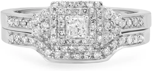 Miniatura 3 de Dazzlingrock Collection Anillo de compromiso de novia de oro de 14 quilates con diamantes redondos y princesa de 0,55 quilates con banda de 12 CT