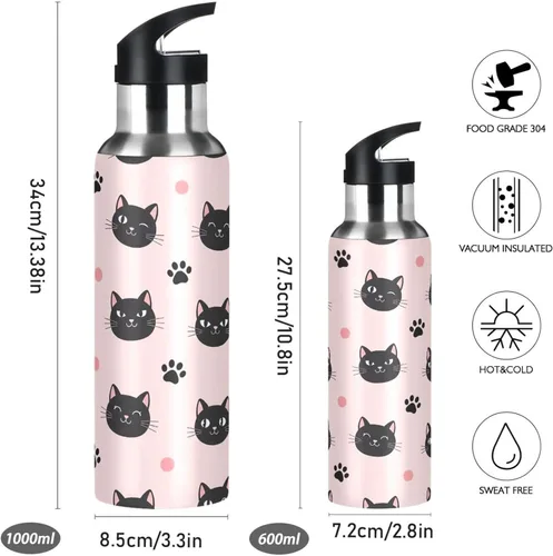 Miniatura 2 de Cute Black Cat Pink Stainless Steel Water Bottle 20 Oz, BPA-Free Sports Water Bottle with Straw Leakproof Water Bottles