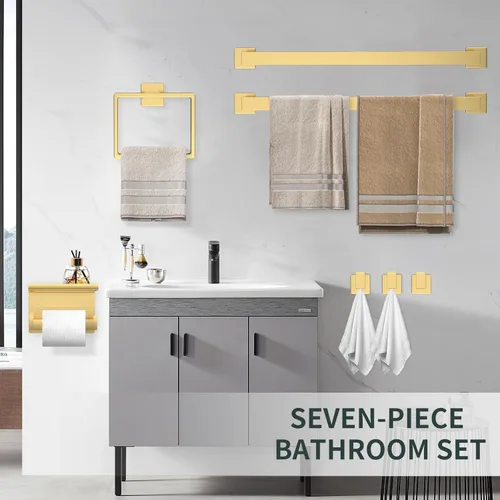 Miniatura 6 de Dorudon atrox Juego de herrajes de baño dorados de 7 piezas con accesorios de baño dorados cepillados - Cuadrado 2 barras para toallas portatoallas