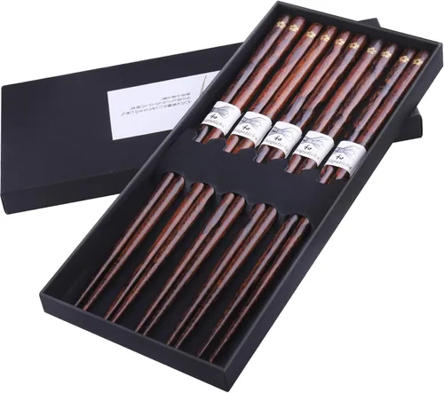 GLAMFIELDS Palillos reutilizables japoneses de madera natural estilo clásico 5 pares Palillos ligeros tallados a mano seguros 22.5cm/8.8 pulgadas