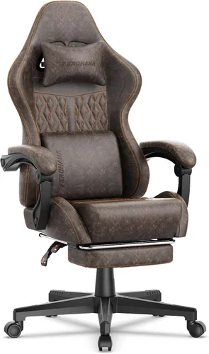 Miniatura 15 de Ferghana Silla vintage de piel sintética para videojuegos, silla de jugador con respaldo alto con masaje, silla ergonómica de oficina para Gris Acero