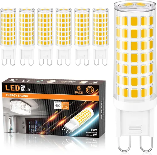 Miniatura 12 de comzler Bombilla LED G9 con base de clavija bi pin G9 de 6 W, luz blanca diurna 6000 K, bombillas G9 para candelabro, base de cerámica, equivalente