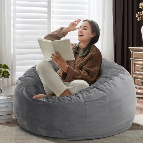 Kromax Sillón Puf Grande de 3.5 Pies para Niños, Adolescentes, Adultos, Espuma Viscoelástica, Fácil de Limpiar, Funda de Ante Suave Lavable, Gris