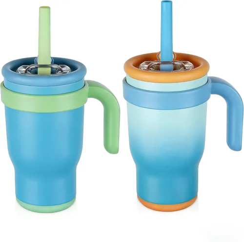 Miniatura 9 de Taza de 14 onzas para niños pequeños con aislamiento al vacío de acero inoxidable con asa, taza a prueba de derrames, pajita a prueba de fugas, taza