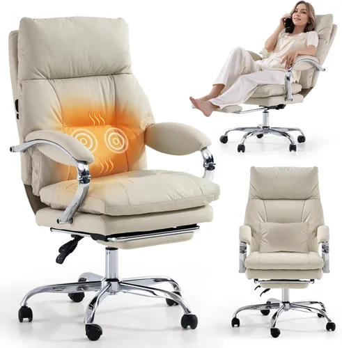 Miniatura 7 de LEAGOO Silla de oficina reclinable con reposapiés, sillas de oficina ejecutivas con brazos, ergonómicas de cuero sintético con respaldo alto, Caqui