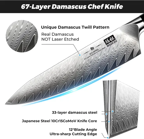 Miniatura 3 de Juego de cuchillos de cocina de Damasco SHAN ZU, juego de 7 piezas de cuchillos profesionales para chefs, cuchillos de acero Super Steel 10Cr15CoMoV