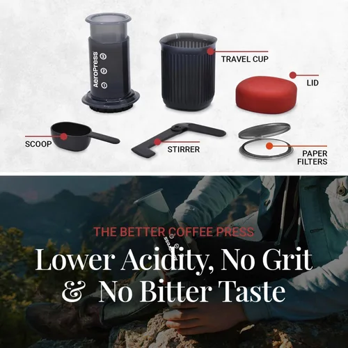 Miniatura 4 de AeroPress Go, Kit Extra Pequeño de Cafetera Portátil, para Viaje, Senderismo y Camping, Prensa Francesa Todo en Uno, Vertidor y Cafetera Manual Gris