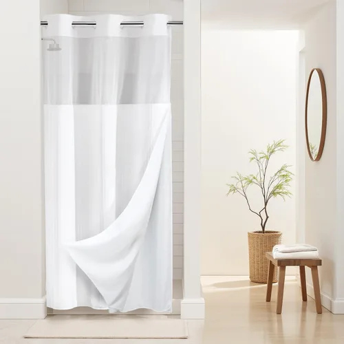 Cortina de baño River Dream de tela pesada sin ganchos con diseño de gofre punteado y forro a presión - 36W x 74H, de calidad hotelera, cortina de