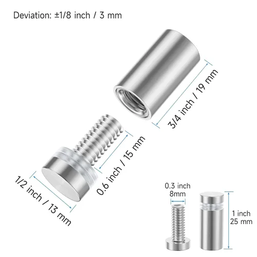 Miniatura 2 de LuckIn Paquete de 8 tornillos de separación para acrílico (1/2 pulgada de diámetro x 3/4 pulgadas de largo), accesorios de montaje de pared de acero