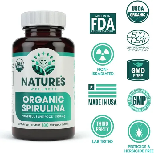 Tabletas de espirulina orgánica USDA - Suplemento superalimento verde sin OGM: 3000 mg de algas verdes azules frescas, veganas, sin gluten,